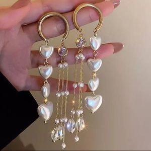 Long Tassel Crystal Drop Earrings With Heart Pearls